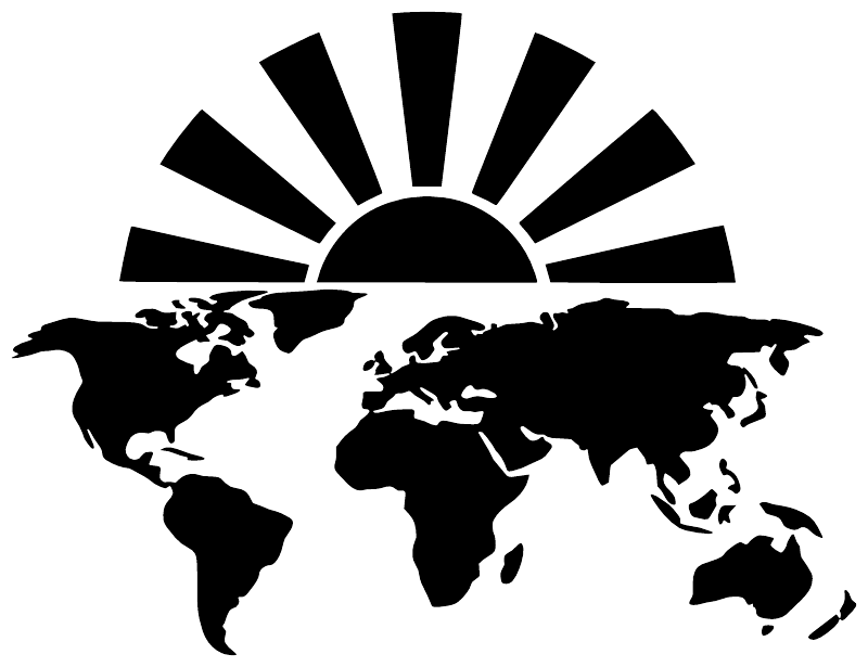 Black world map vinyl decal with bold rising sun rays in the background