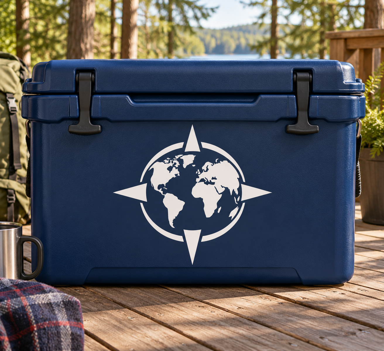 World map and compass arrow vinyl decal with circular globe design