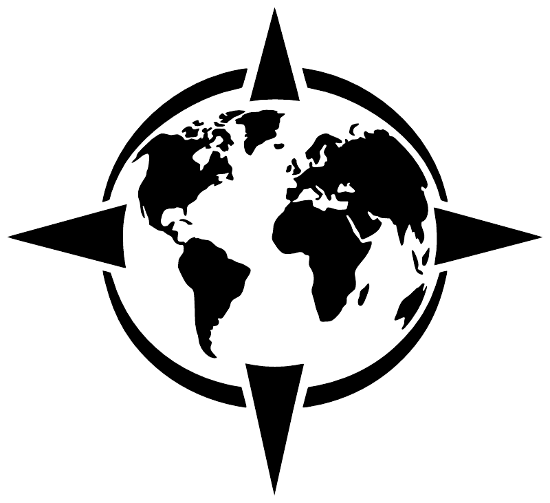 Circular globe graphic with four-point compass arrow vinyl decal