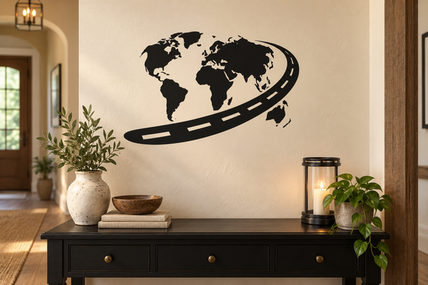 World map and road arc vinyl wall decal, black with white map and curved road