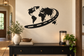 World map and road arc vinyl wall decal, black with white map and curved road