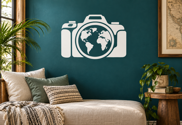 White camera vinyl decal with world map globe centerpiece