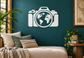 White camera vinyl decal with world map globe centerpiece