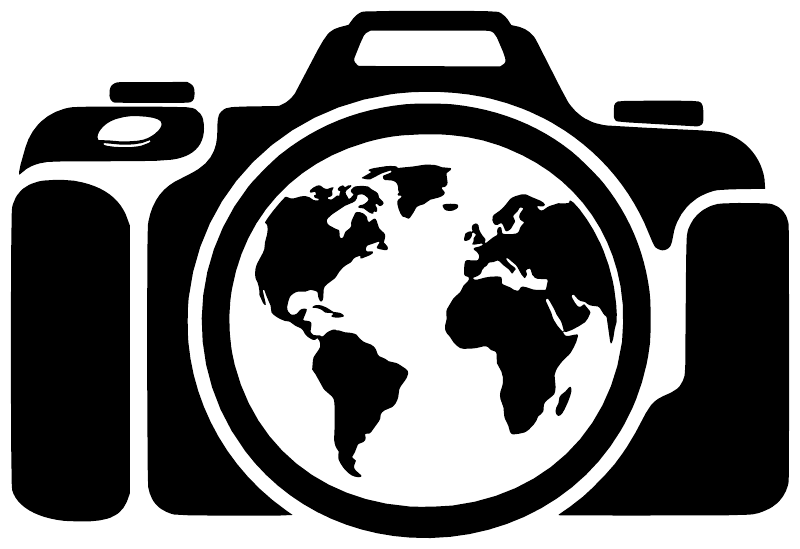 Black-and-white camera vinyl decal with world map globe lens detail
