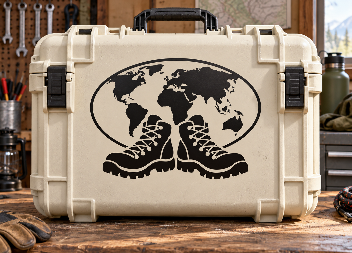 World map vinyl decal with hiking boots design, black and white.