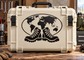 World map vinyl decal with hiking boots design, black and white.