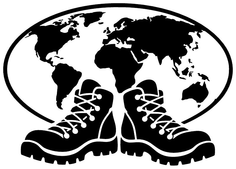 Round world map vinyl decal with black hiking boots and laces, bold outline.