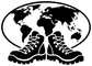 Round world map vinyl decal with black hiking boots and laces, bold outline.