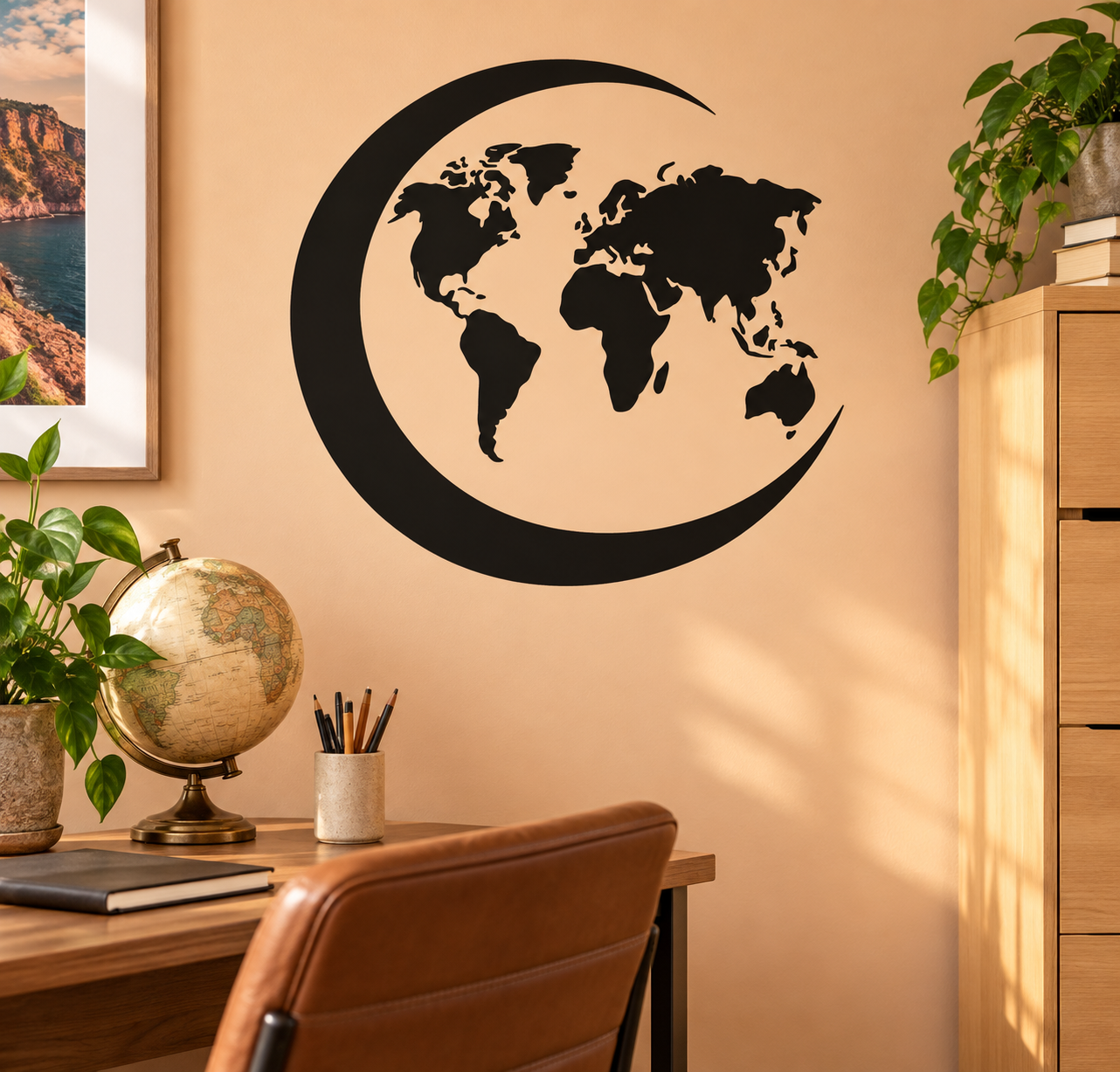 Black crescent moon vinyl decal with world map cutout