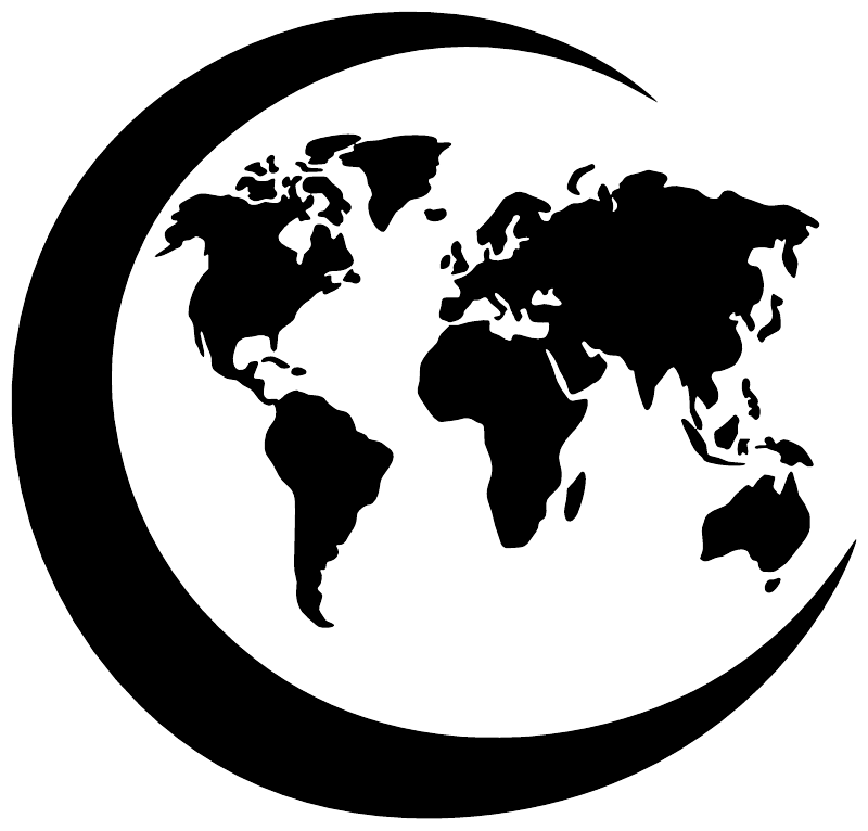 Black world map within crescent moon vinyl decal, bold silhouette
