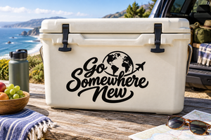 Go Somewhere New vinyl decal with globe and airplane, black lettering on light background