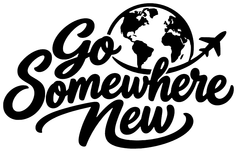 Go Somewhere New vinyl decal featuring globe icon and airplane over bold black script