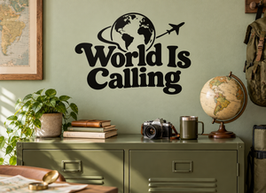 World map vinyl decal with globe, airplane icon, and “World Is Calling” lettering