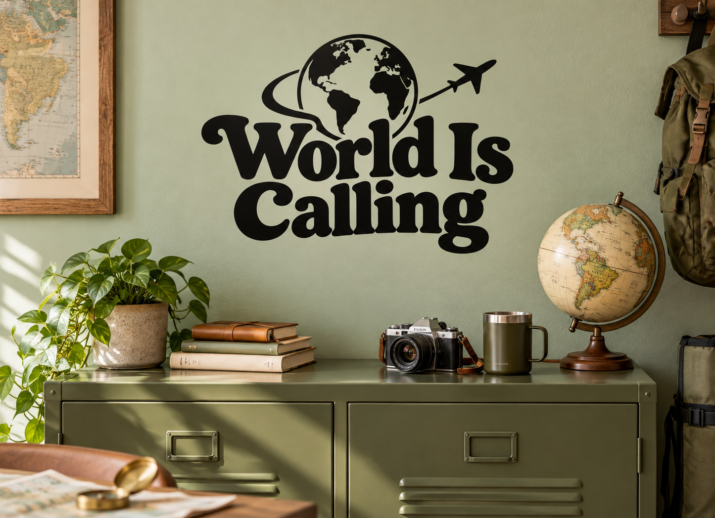 World map vinyl decal with globe, airplane icon, and “World Is Calling” lettering