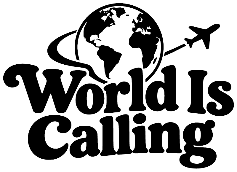Vinyl decal close-up with globe and airplane above “World Is Calling” lettering