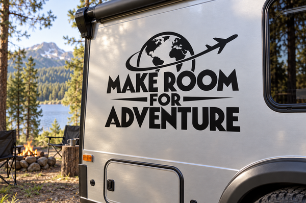 Vinyl decal with globe, airplane, and bold text “Make Room for Adventure” on camper door