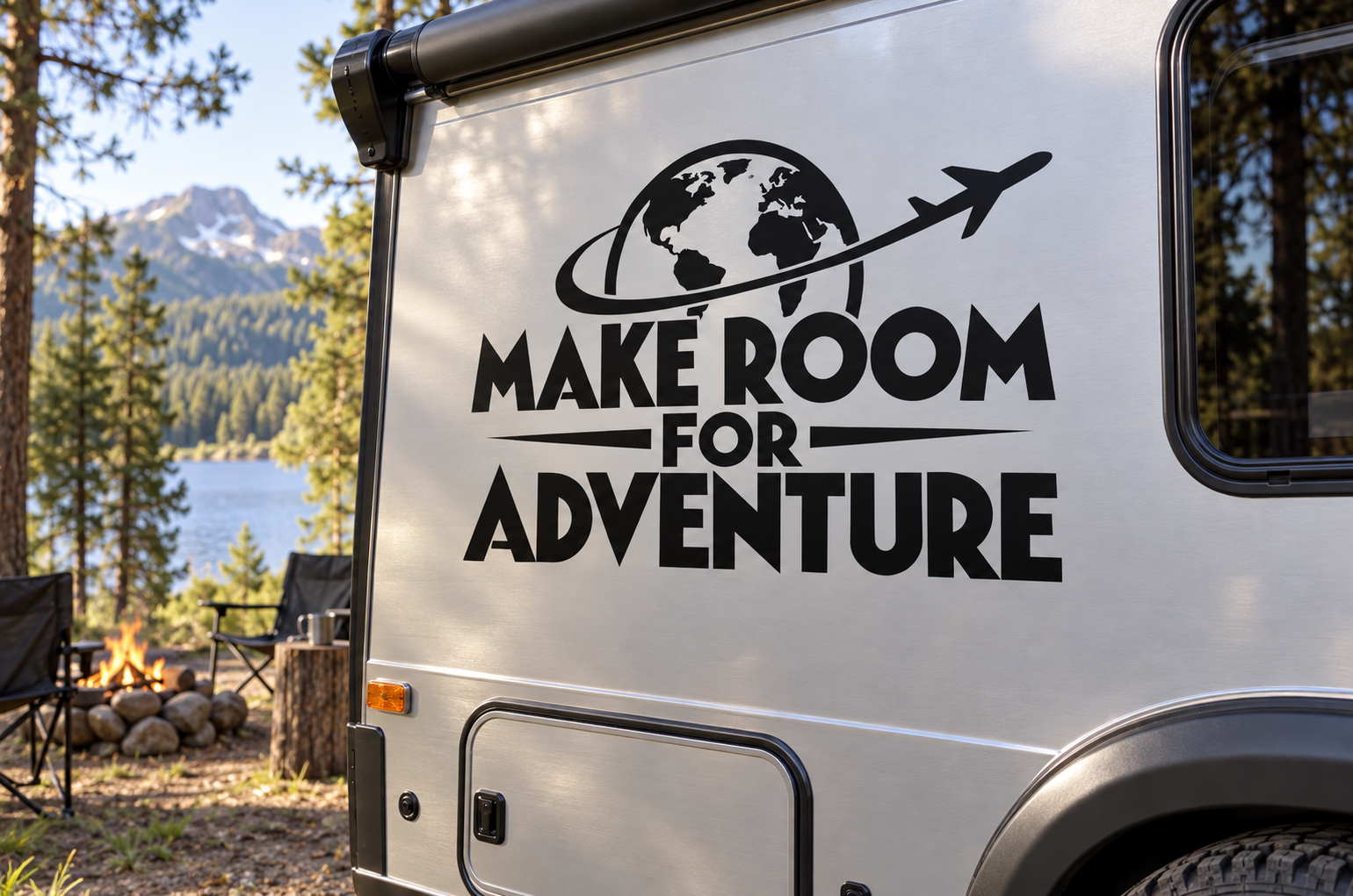 Vinyl decal with globe, airplane, and bold text “Make Room for Adventure” on camper door