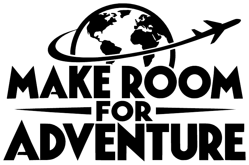 Vinyl decal close-up: globe and airplane above text “MAKE ROOM FOR ADVENTURE”