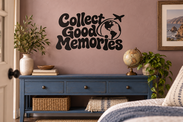 Vinyl wall decal with “Collect Good Memories” text, globe and airplane icon