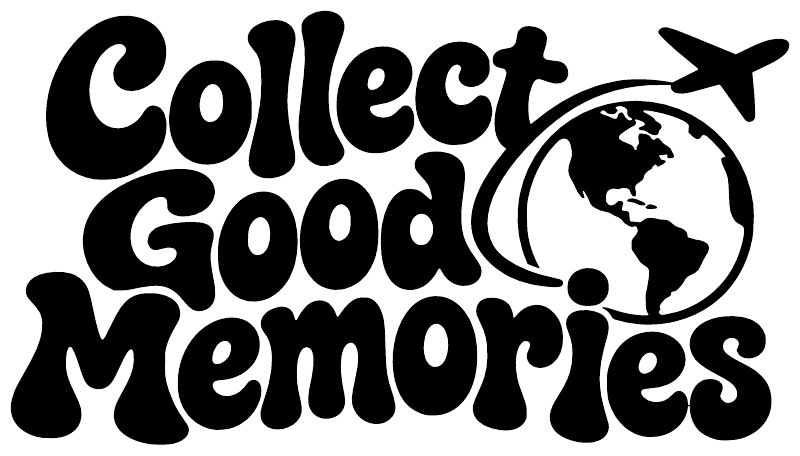 Black vinyl decal reading “Collect Good Memories” with globe and airplane