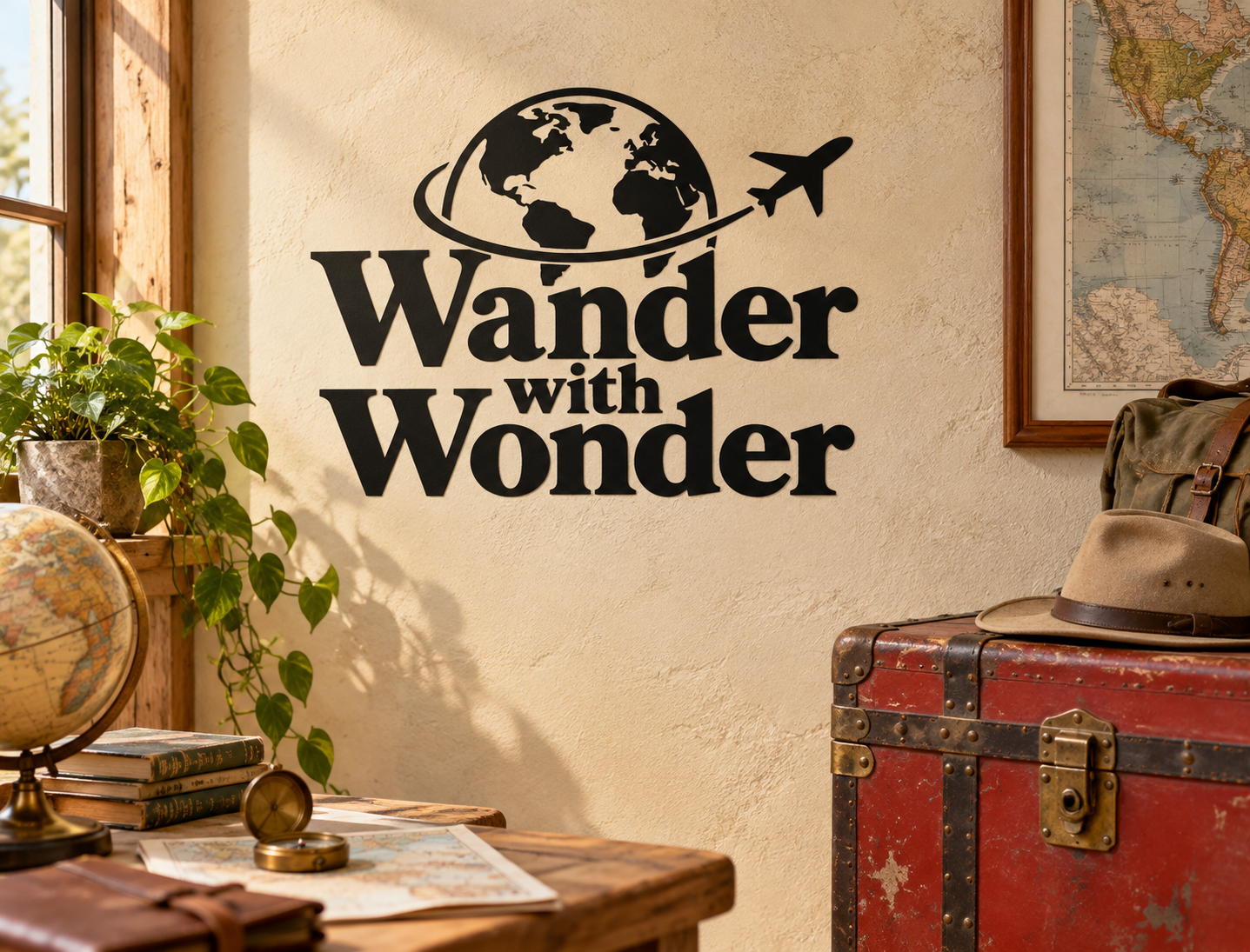 Wander with Wonder vinyl wall decal with globe and airplane logo