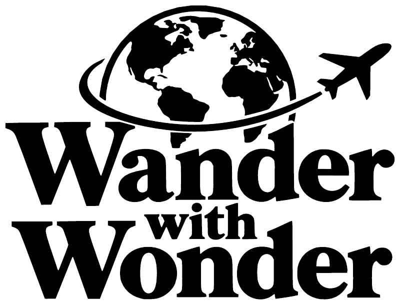 Wander with Wonder vinyl decal close-up showing globe emblem and airplane
