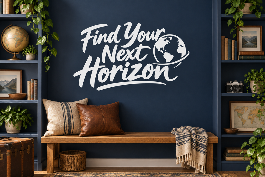 Vinyl wall decal with 'Find Your Next Horizon' and globe icon