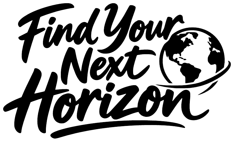 Vinyl decal close-up: bold 'Find Your Next Horizon' lettering with globe graphic