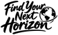 Vinyl decal close-up: bold 'Find Your Next Horizon' lettering with globe graphic