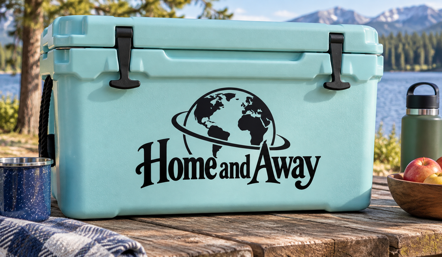 Home and Away globe vinyl decal on light blue cooler