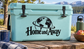 Home and Away globe vinyl decal on light blue cooler
