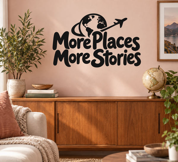 Black vinyl world map decal with plane icon and text "More Places More Stories"