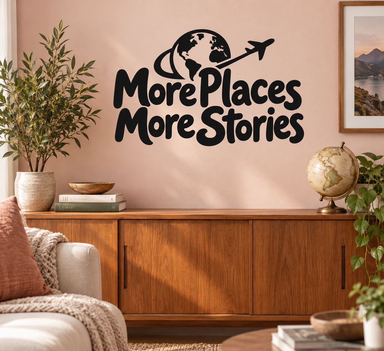 Black vinyl world map decal with plane icon and text "More Places More Stories"