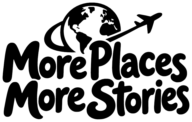 Black vinyl decal close-up with globe, plane, and "More Places More Stories" lettering