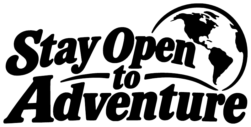 Black vinyl decal with 'Stay Open to Adventure' and globe