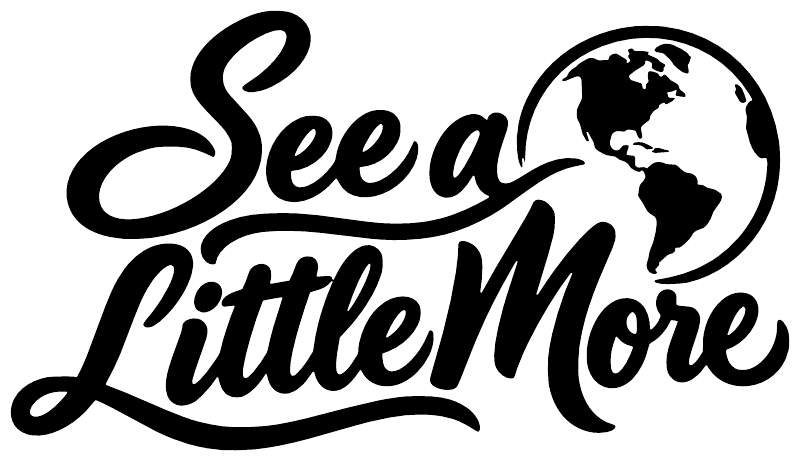 Close-up vinyl decal: “See a Little More” script with black globe world map