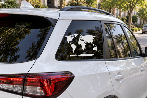Robinson world map continents vinyl decal on car window, black silhouette