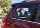 Mollweide world map vinyl decal on car rear window, white continents