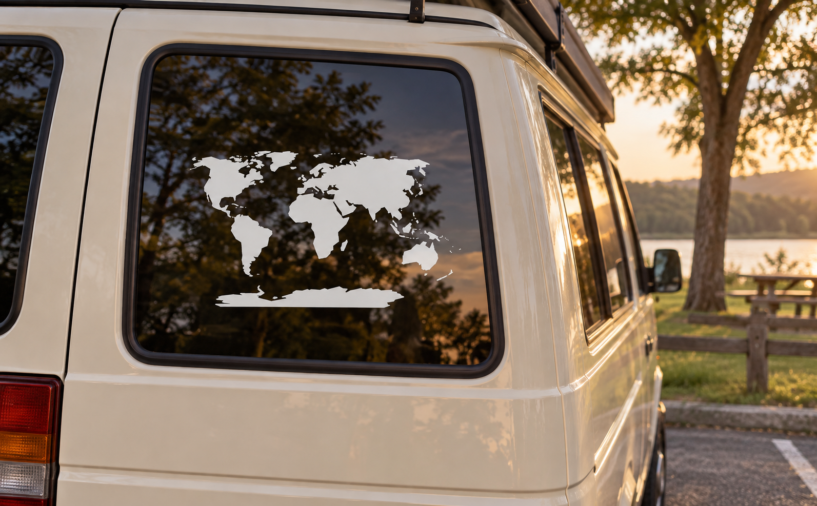 Continents vinyl world map decal on vehicle window, black landmasses