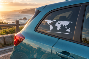 World map vinyl decal on car window, black continents on clear background