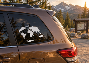 Sinusoidal continents vinyl world map decal on car window, black world silhouette