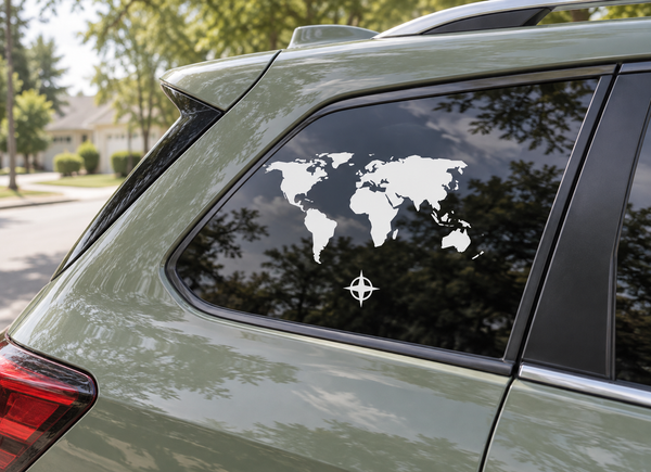 World compass vinyl decal with world map and compass rose on car window