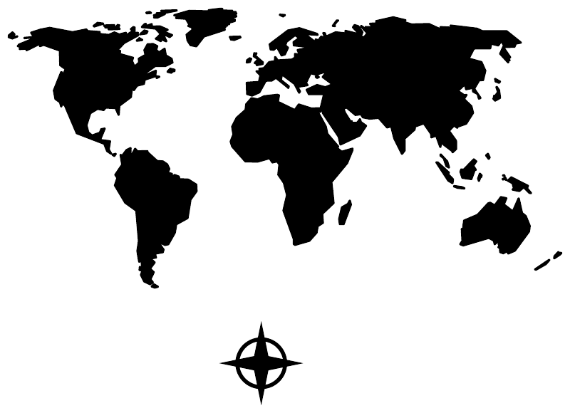 World compass vinyl decal: black world map silhouette with compass rose icon