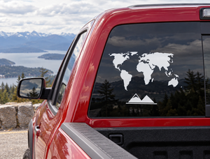 World mountain horizon vinyl decal on car window: black world map with white mountains icon.