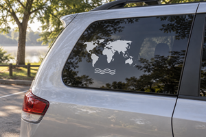 Car rear window vinyl decal with world map and ocean wave lines