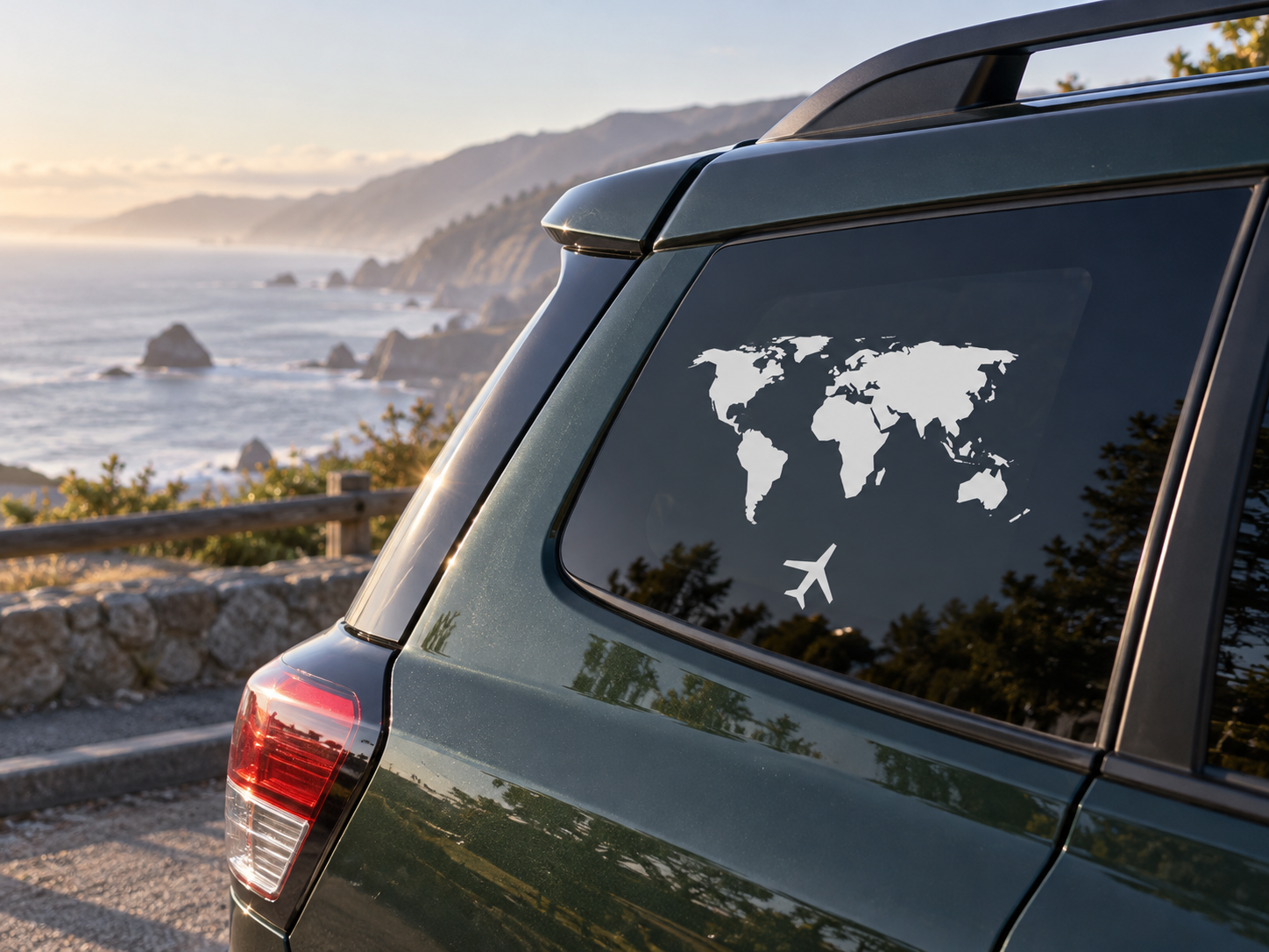 World flight vinyl decal with world map and airplane on car rear window