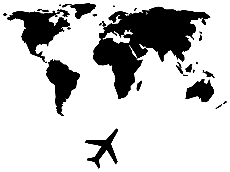 World map vinyl decal with black continents and airplane icon on white