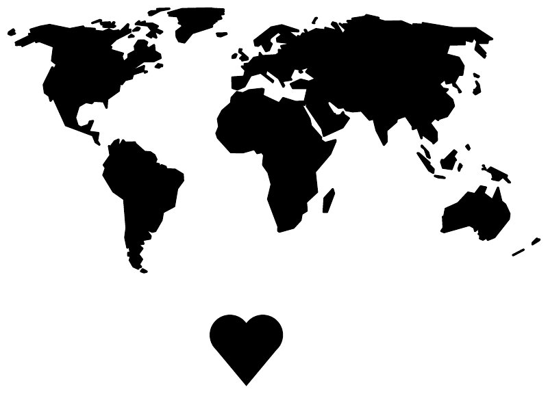 World map vinyl decal in black with centered heart shape