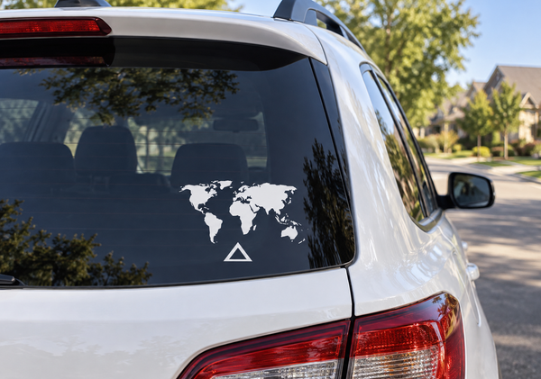 World map vinyl decal with triangle symbol on car rear window