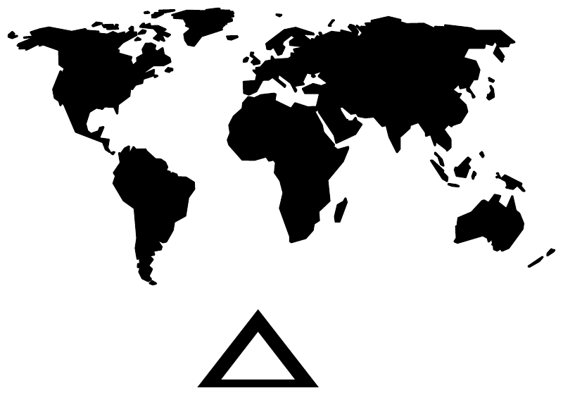 World map vinyl decal with filled black continents and triangle icon
